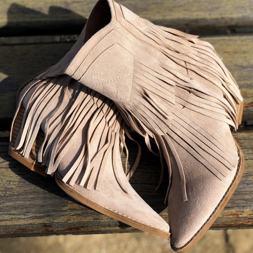 NEW Fringe Tassel Faux Suede Pointy Toe Block Heel Western Booties Boots Taupe - Picture 9 of 14